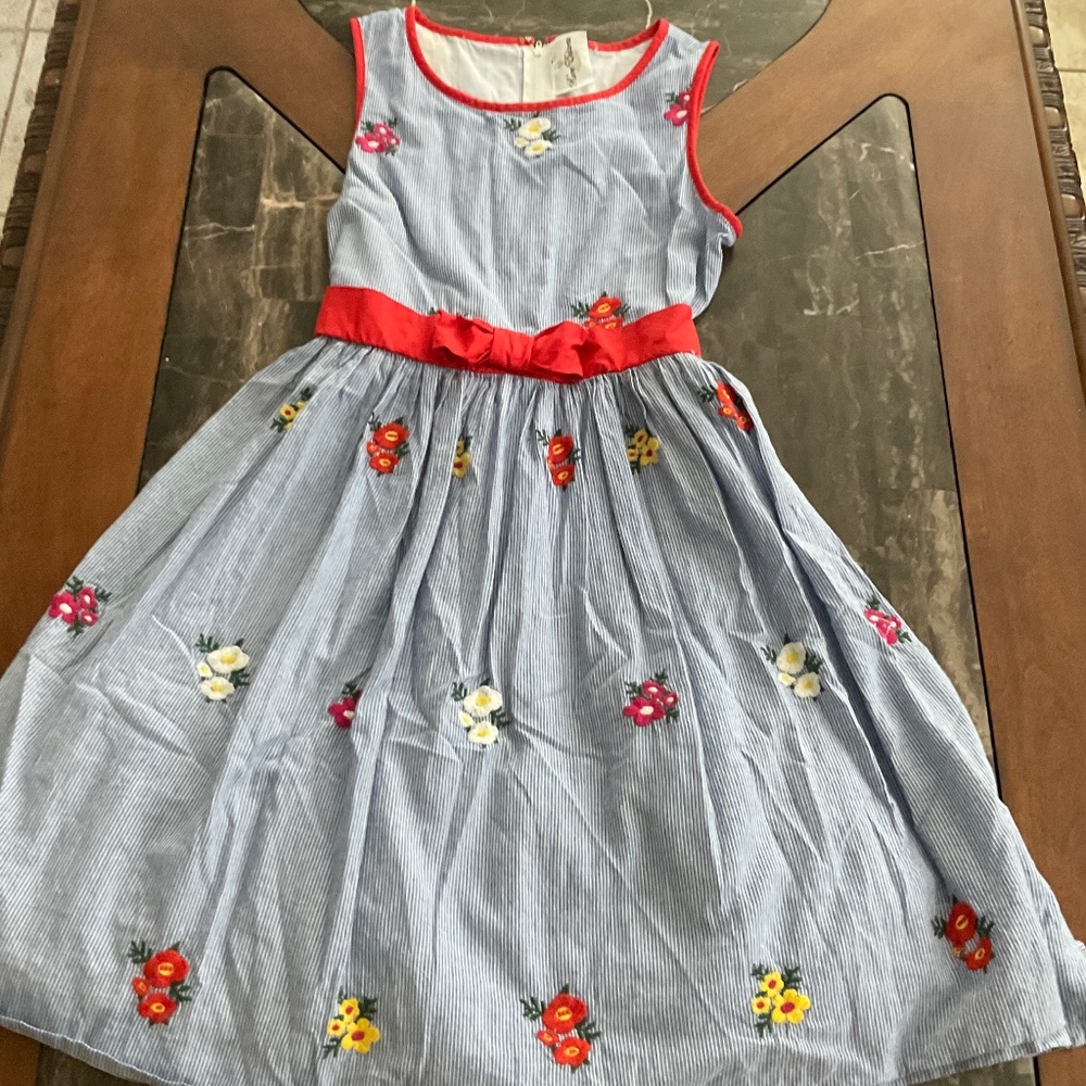 Rare Edition Girl's Floral Embroidered Dress -  Blue/Red